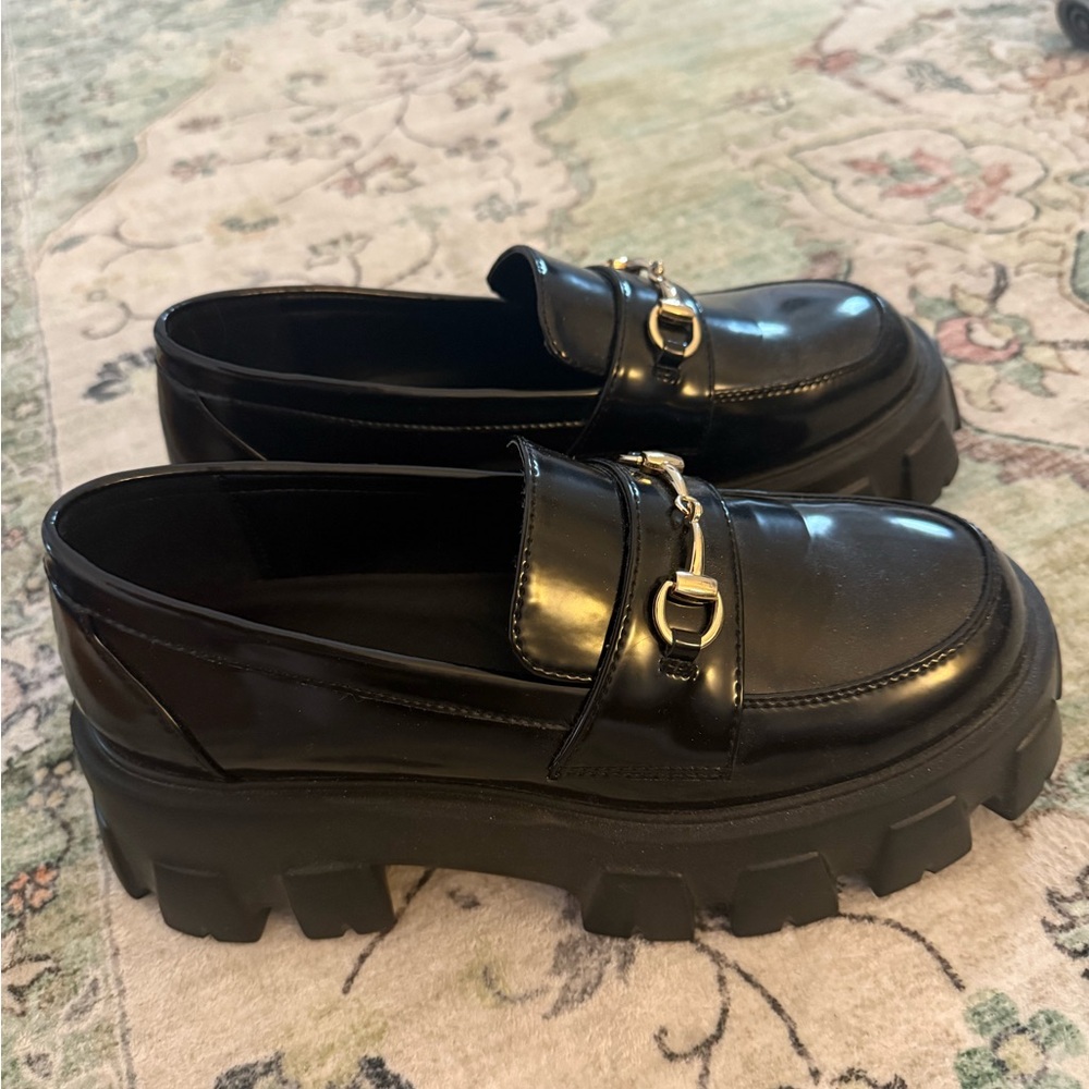 Princess Polly Black Loafers with Gold Buckle